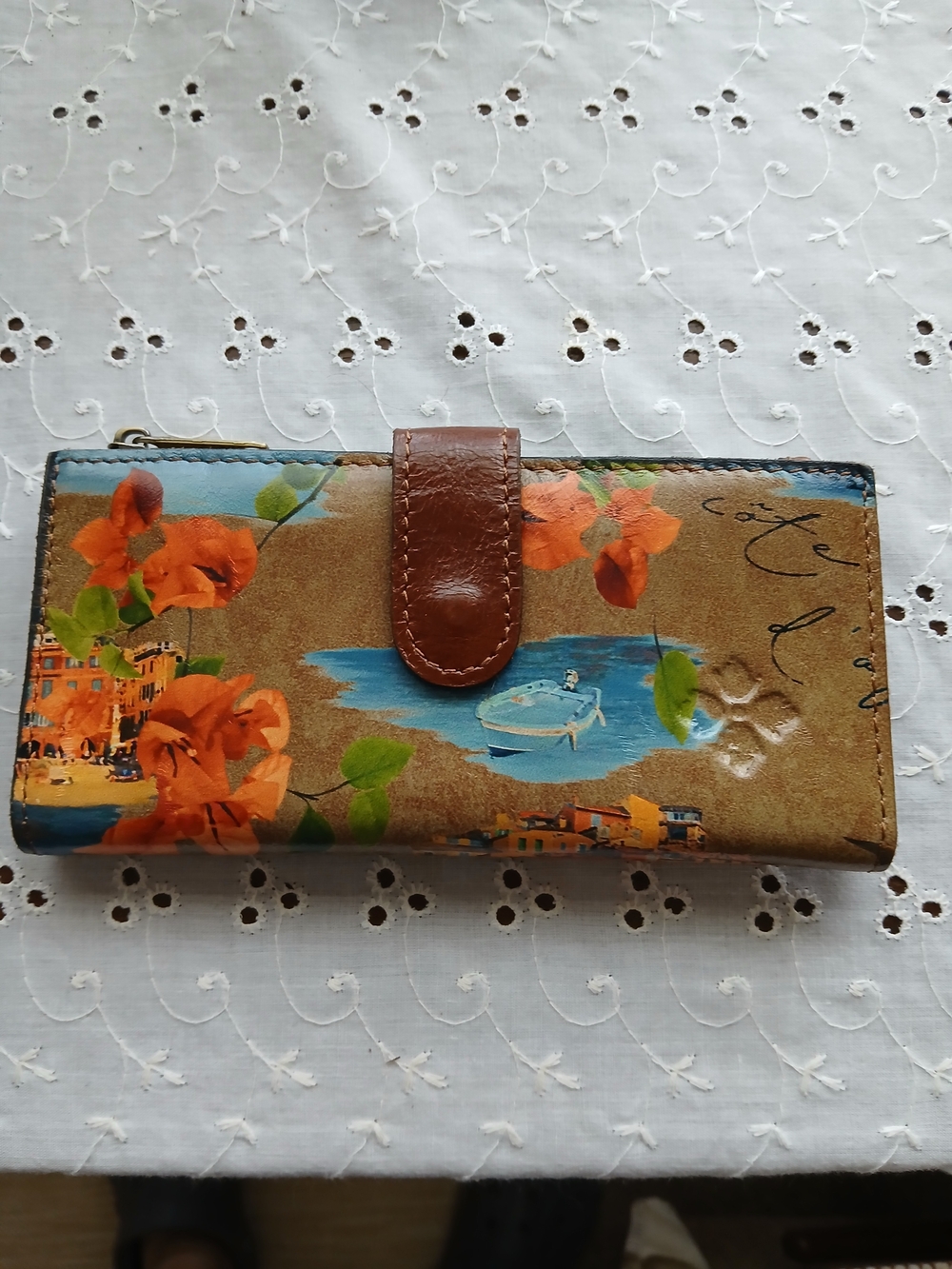 Patricia Nash French Rivera Coastal Print Wallet with Brown Leather Snap